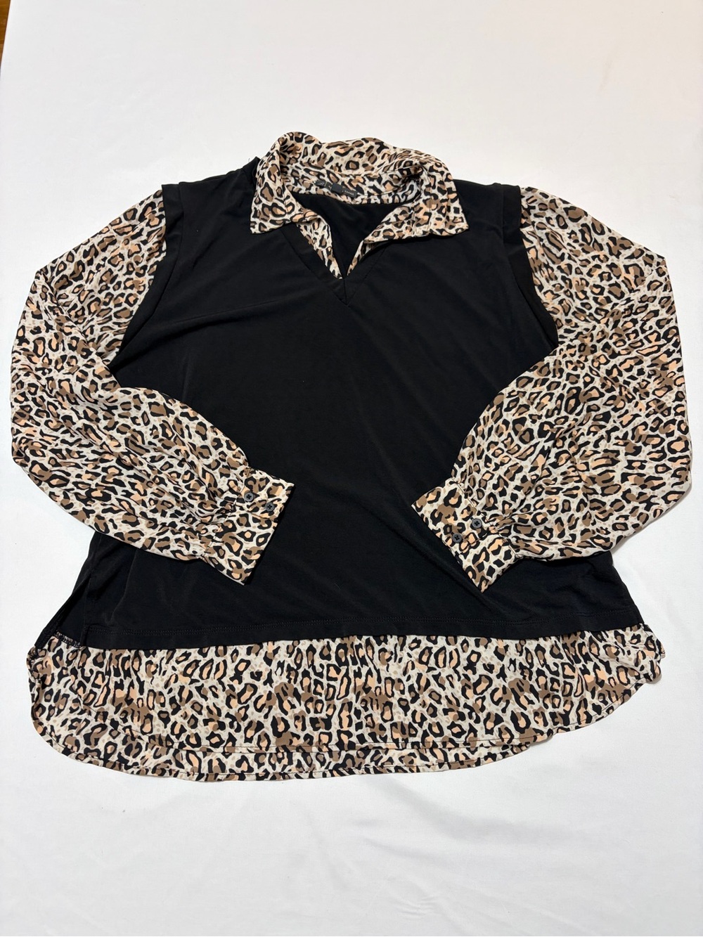 Adrianna Papell Women XL Black Leopard Print Mixed Media Fall Top Long Sleeve
